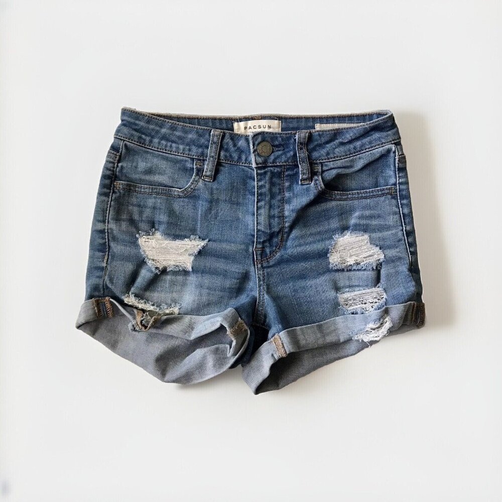 Women's PacSun‎ Distressed Super Stretch Shortie Denim Blue Jean Shorts Size 24